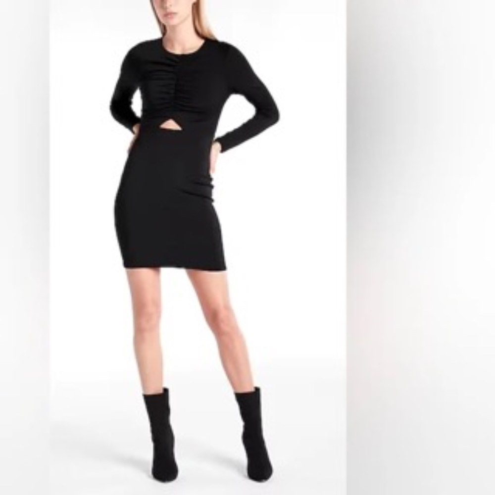 Express Body Contour Gathered Ruched Front Cutout Scuba Knit Mini Dress Black S